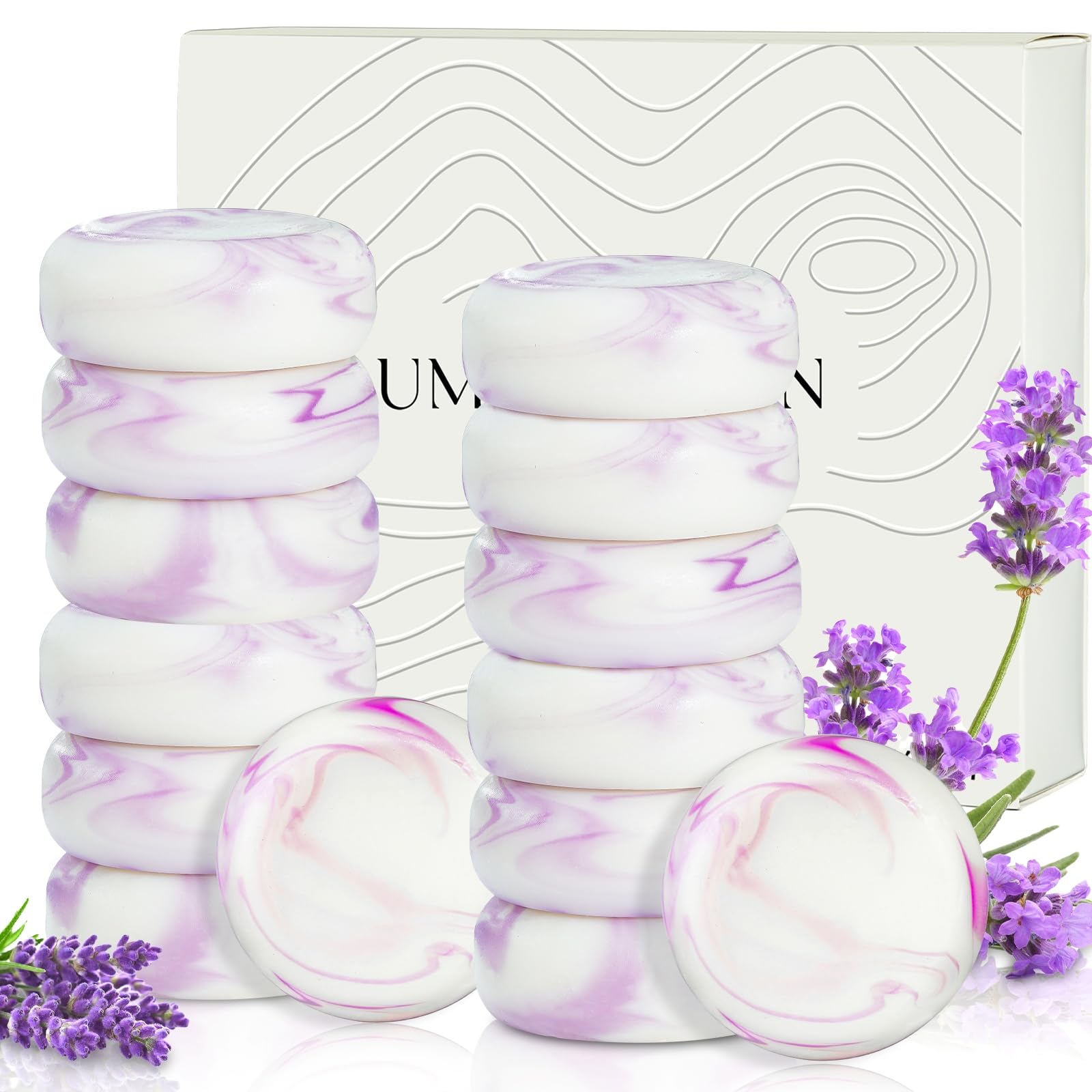 Umpeimvon front packaging showing 14 lavender mini soap bars for travel convenience