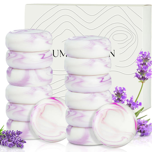 Umpeimvon front packaging showing 14 lavender mini soap bars for travel convenience