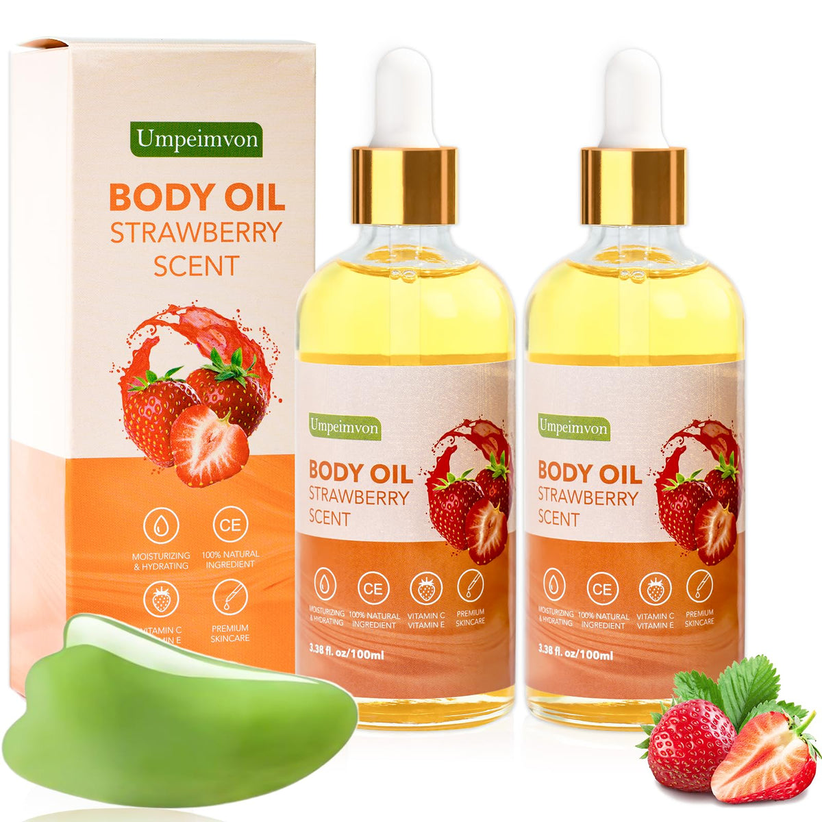 Umpeimvon front packaging showing two strawberry body oil bottles for daily hydration