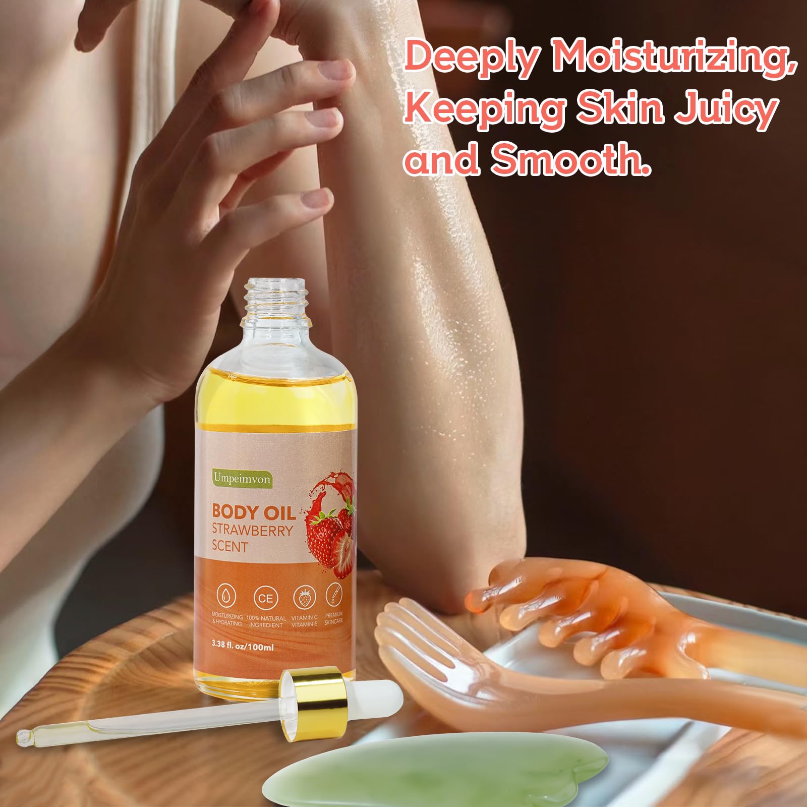 Umpeimvon oil applied on legs after shower leaving skin soft and moisturized