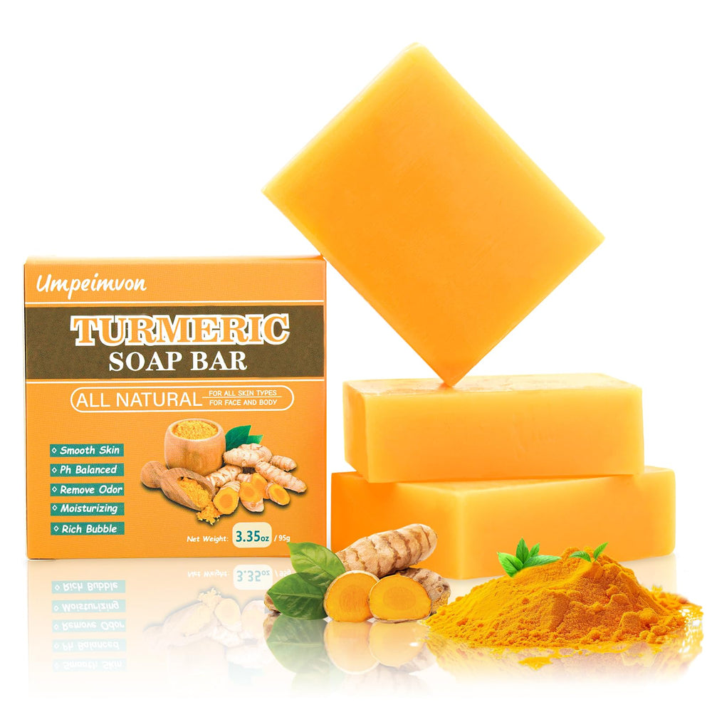 Umpeimvon turmeric soap front packaging showing three bars and net benefits