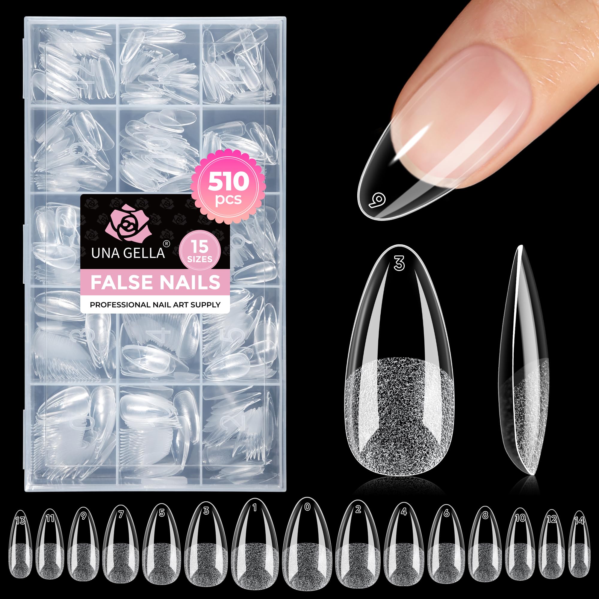 UNA GELLA front packaging showing 510-piece almond tips, quick salon-ready kit