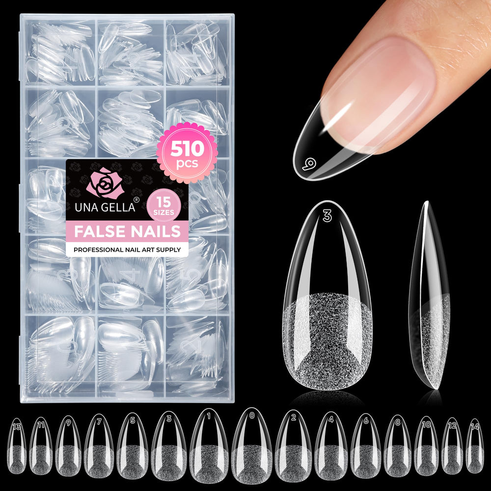 UNA GELLA front packaging showing 510-piece almond tips, quick salon-ready kit