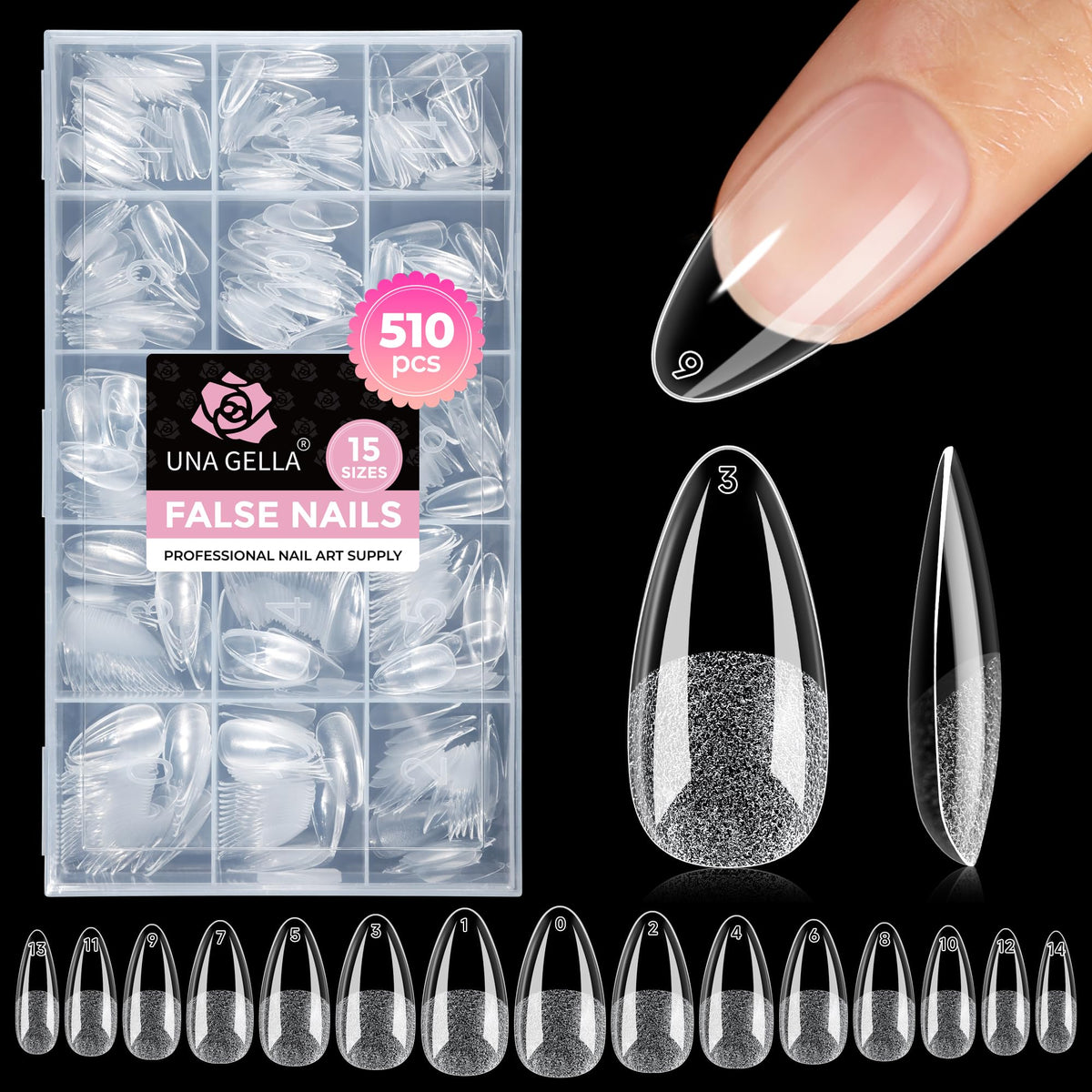 UNA GELLA front packaging showing 510-piece almond tips, quick salon-ready kit