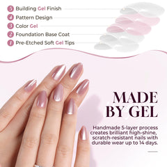 UNA GELLA almond-shaped nails laid out to show 16 size variety