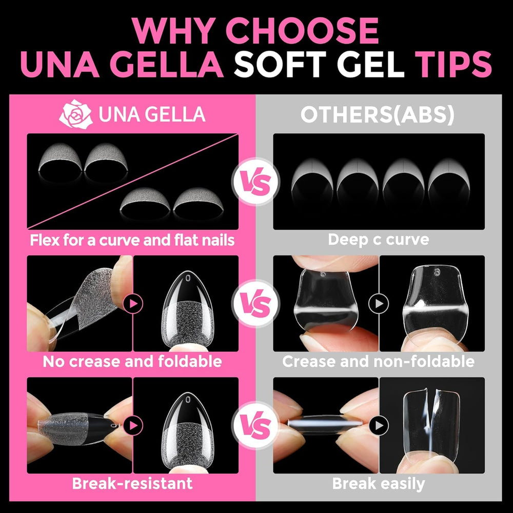 UNA GELLA almond tips arranged by size for easy selection and fit
