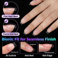 UNA GELLA applying a coffin tip to natural nail for quick DIY salon result