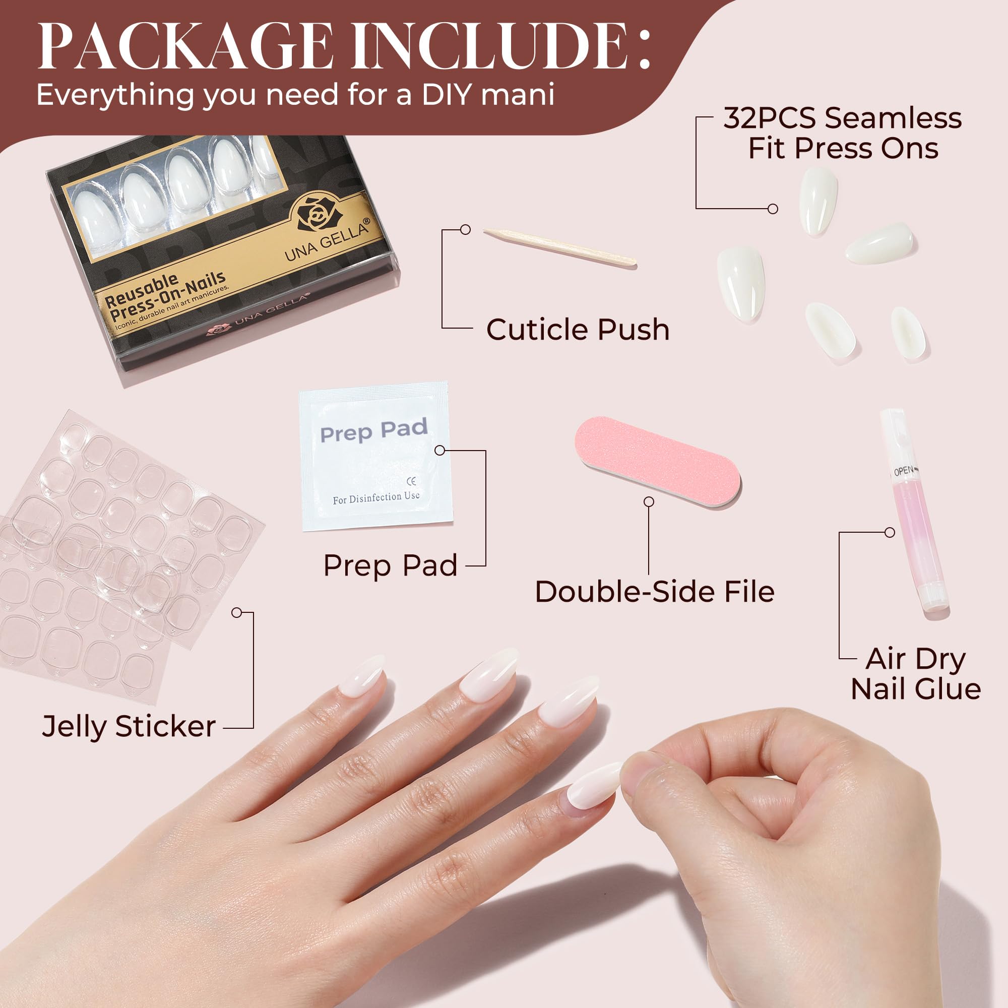 UNA GELLA application kit tools displayed with glue and file for easy application