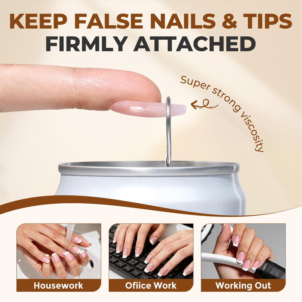 UNA GELLA being applied to press-on nails showing quick secure adhesion