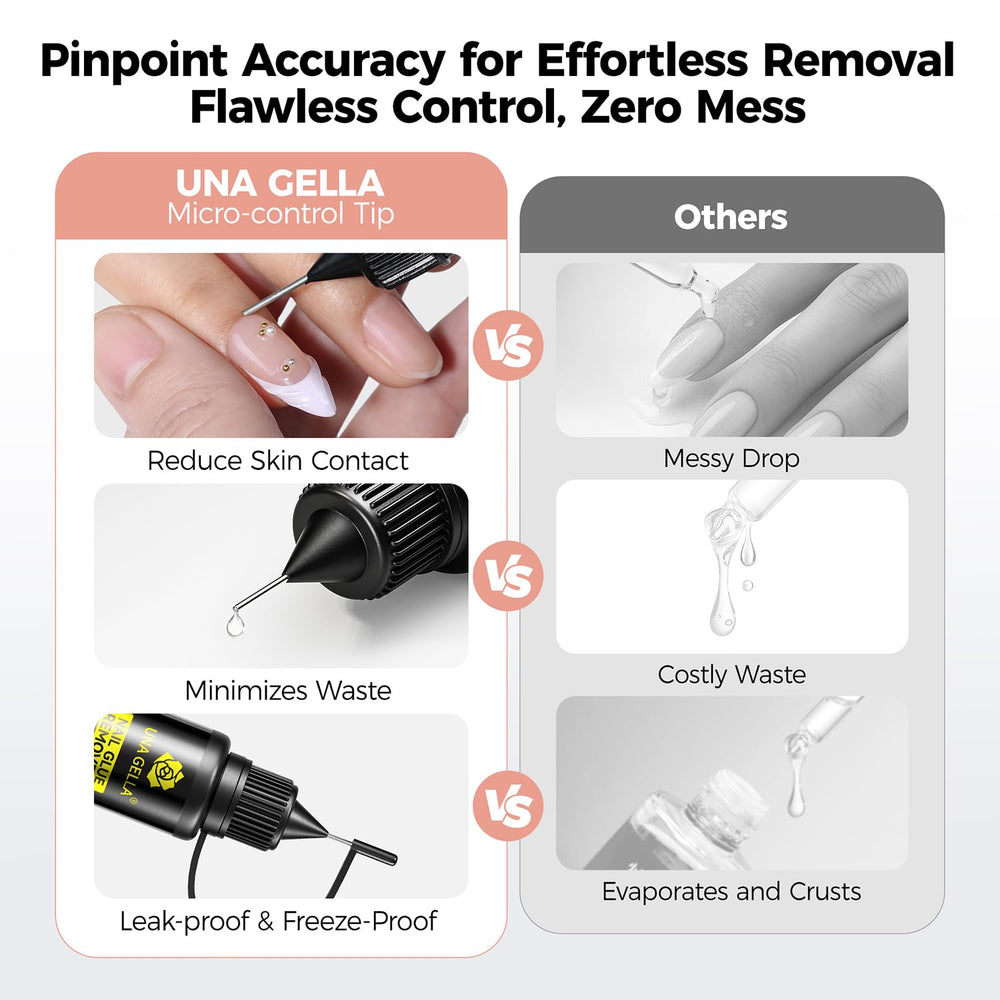 UNA GELLA before and after nail tip comparison demonstrating clean adhesive removal