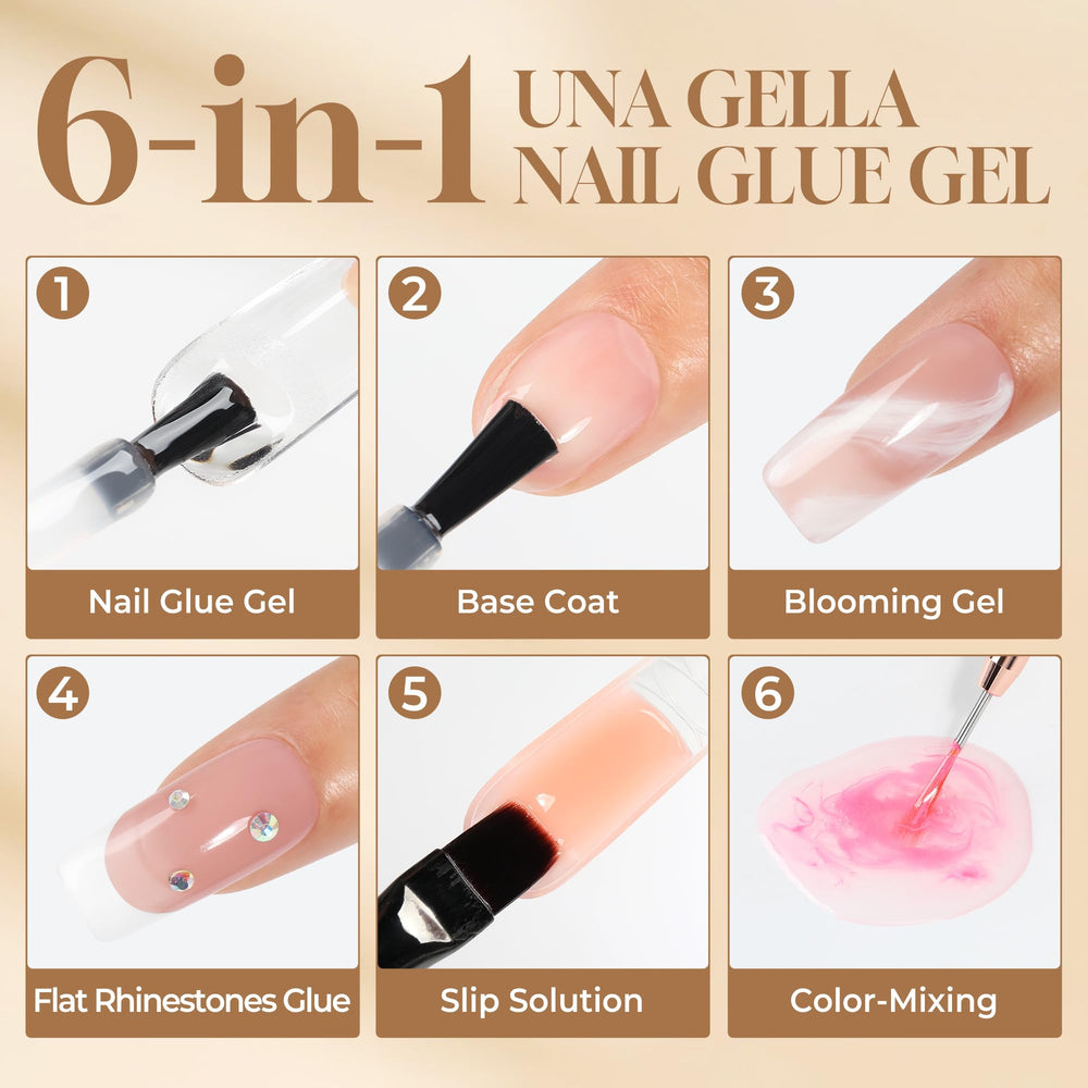 UNA GELLA bottle label and ingredient list visible to show low-odor, soak-off friendly formula benefit