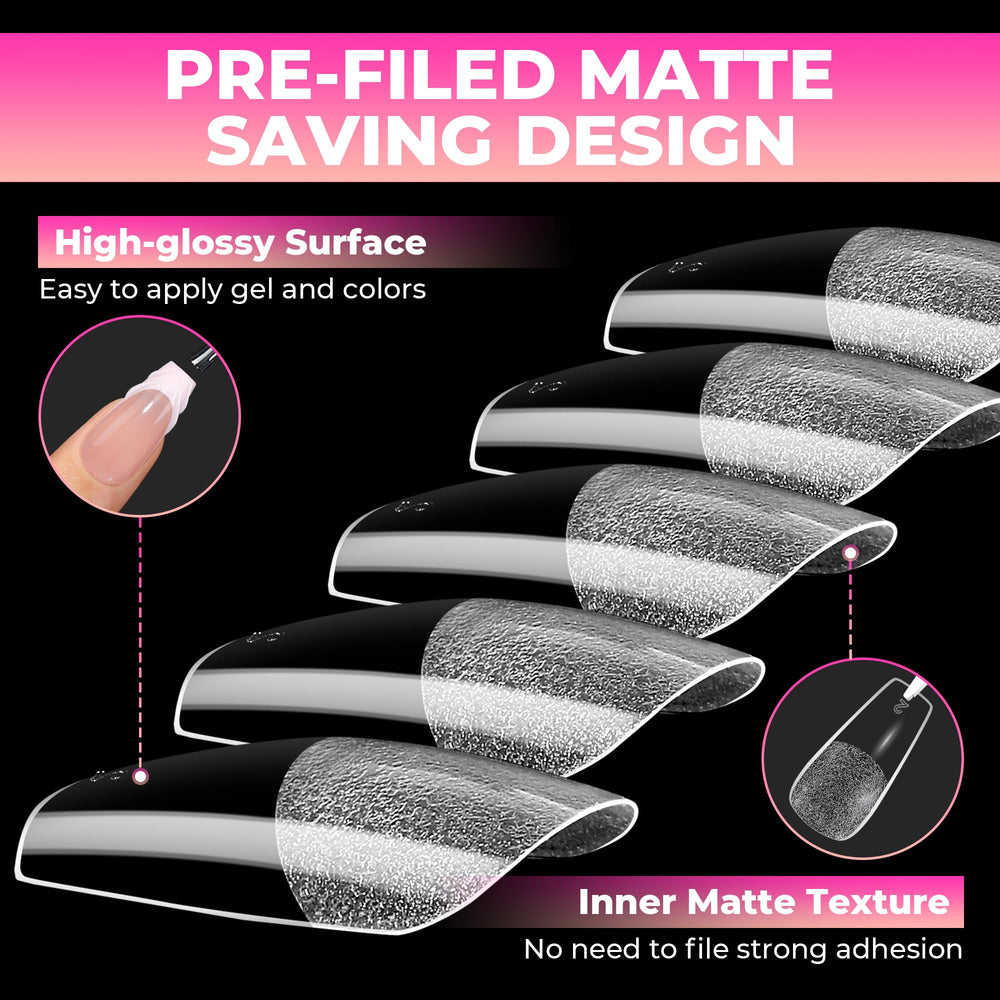 UNA GELLA clear coffin tips on display for versatile nail art
