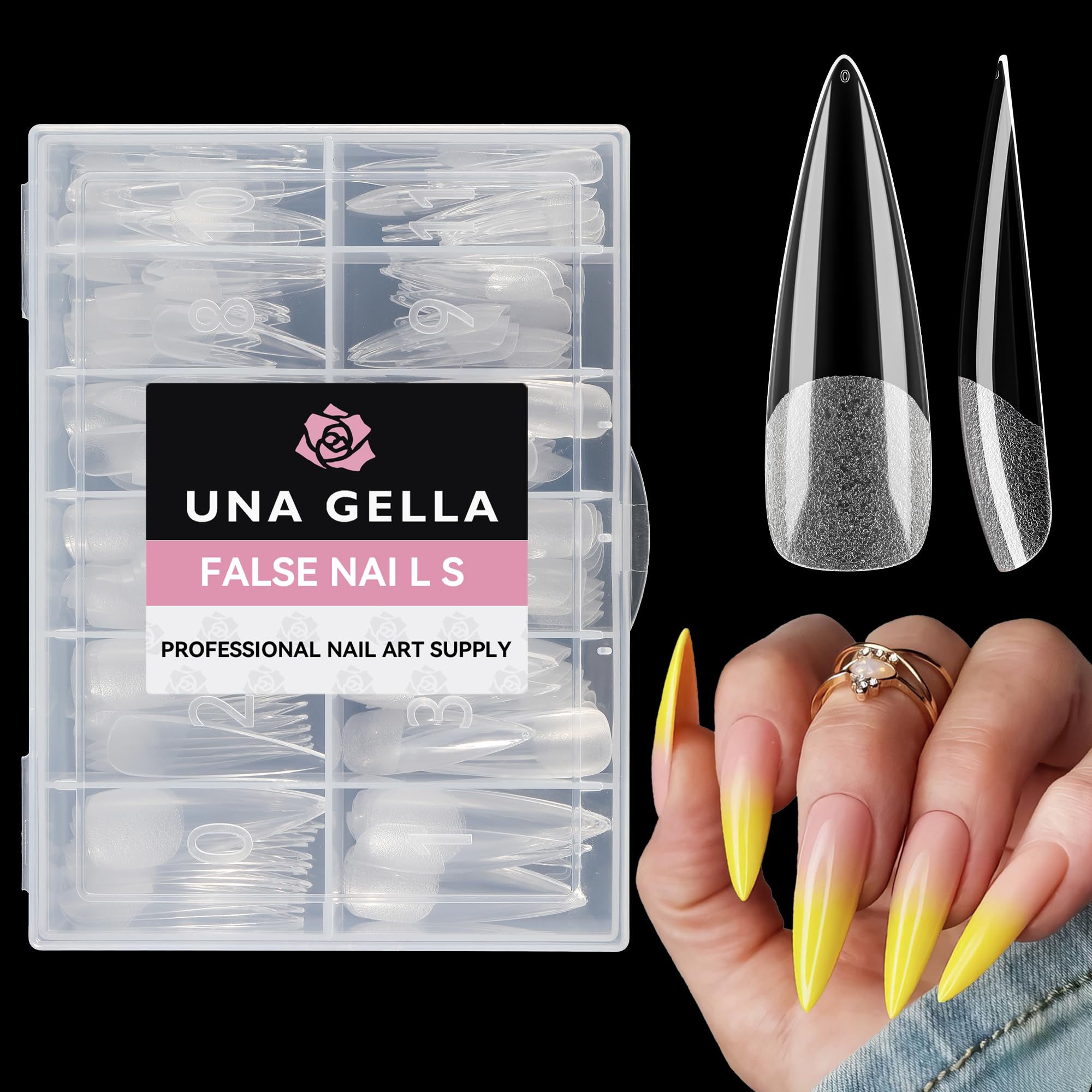 UNA GELLA front packaging showing full 216-piece stiletto set and benefits