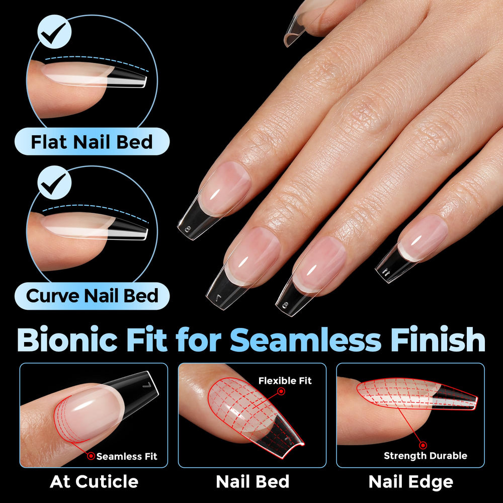UNA GELLA clear coffin tip profile demonstrating pre-shaped salon contour