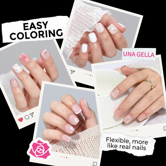 UNA GELLA close-up of thin base edge fitting natural nail, comfortable fit benefit