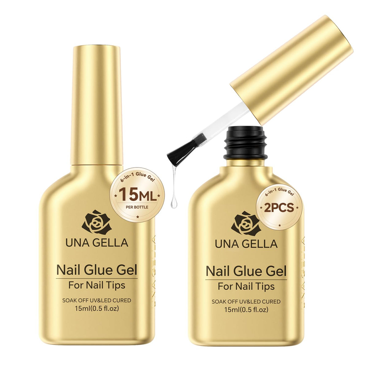 UNA GELLA front bottles showing product and benefits of strong adhesion