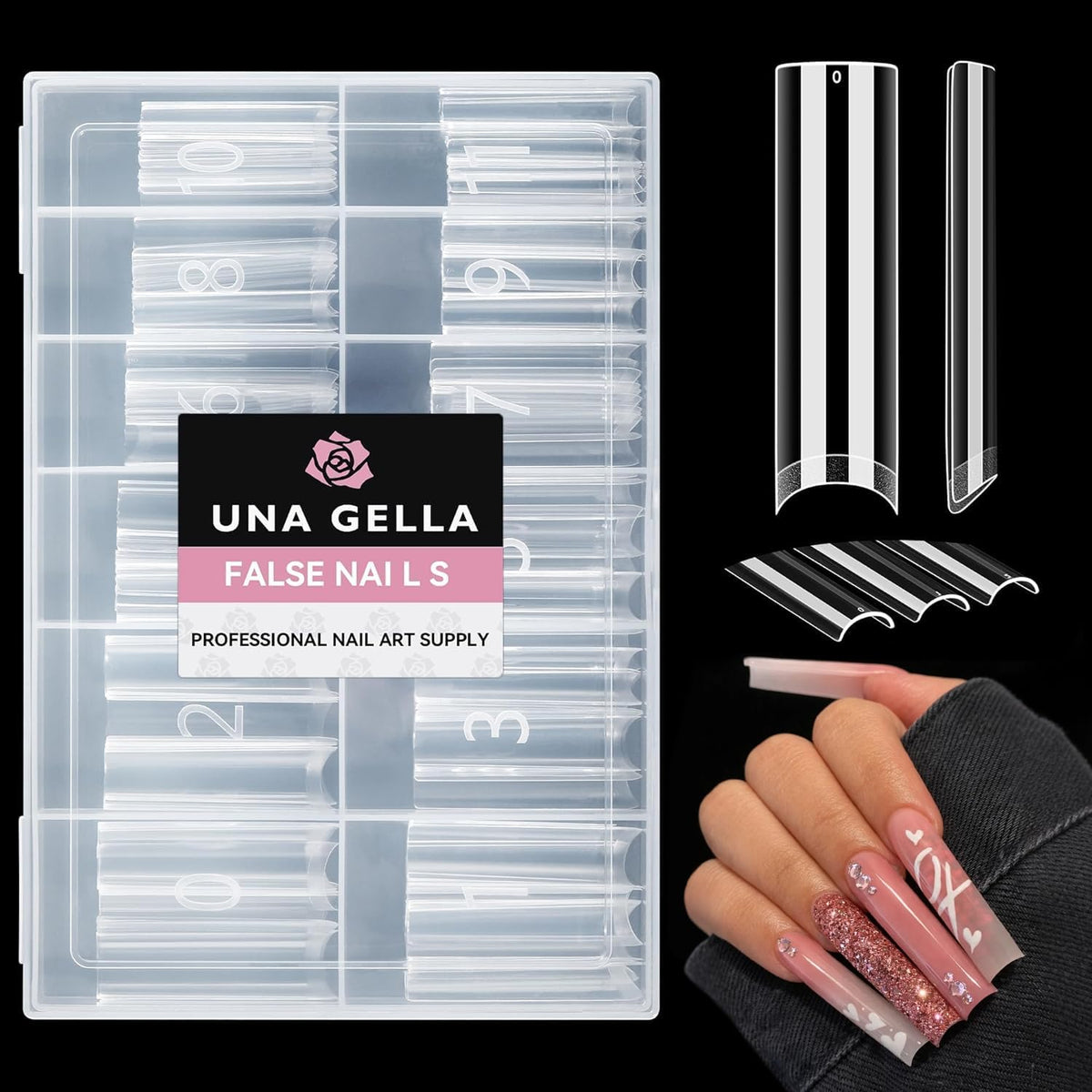 UNA GELLA front boxed packaging showing 120-piece set and organized tray for quick use