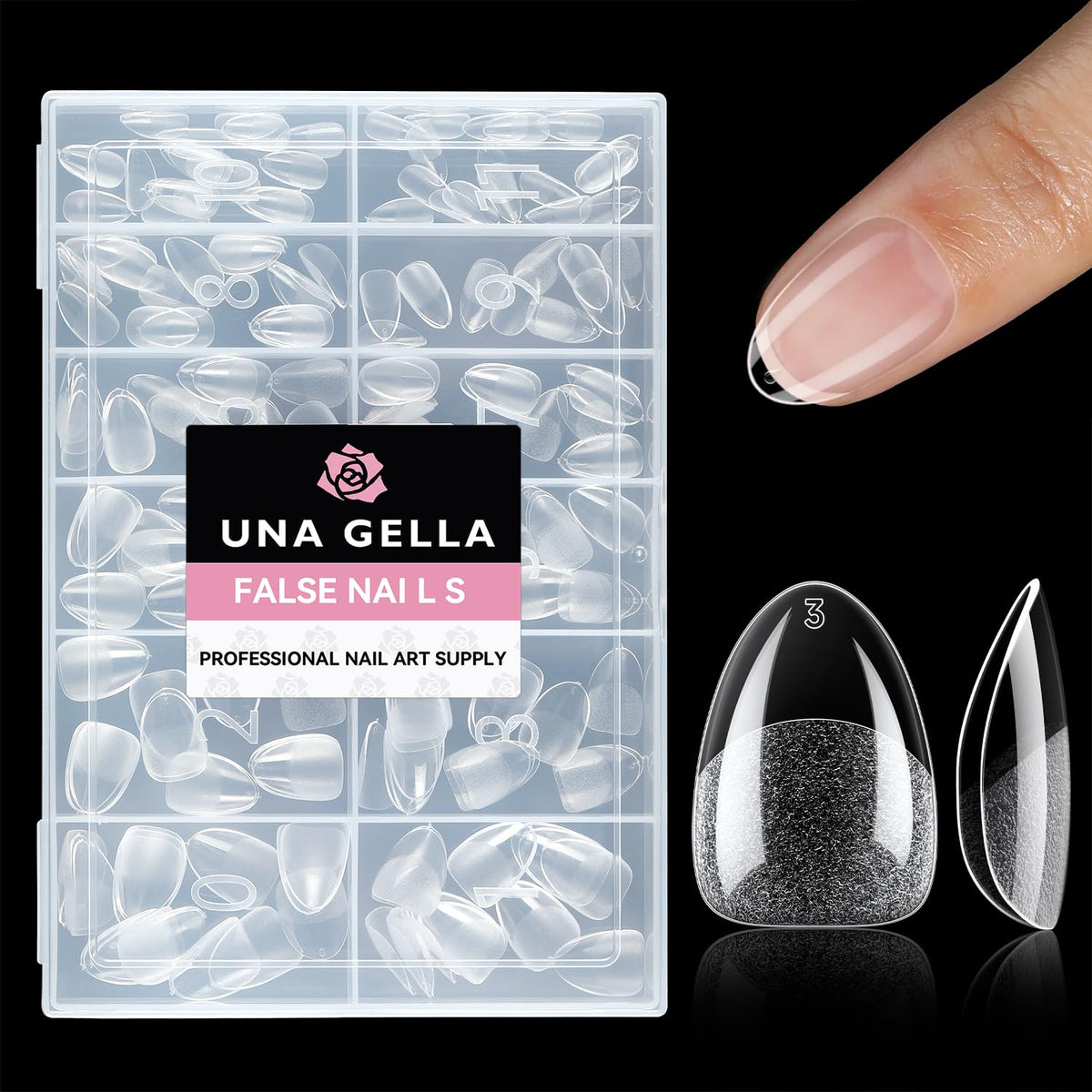 UNA GELLA front packaging showing 216-piece short almond tip kit and organized box benefit