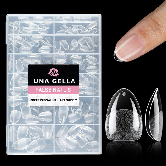 UNA GELLA front packaging showing 216-piece short almond tip kit and organized box benefit