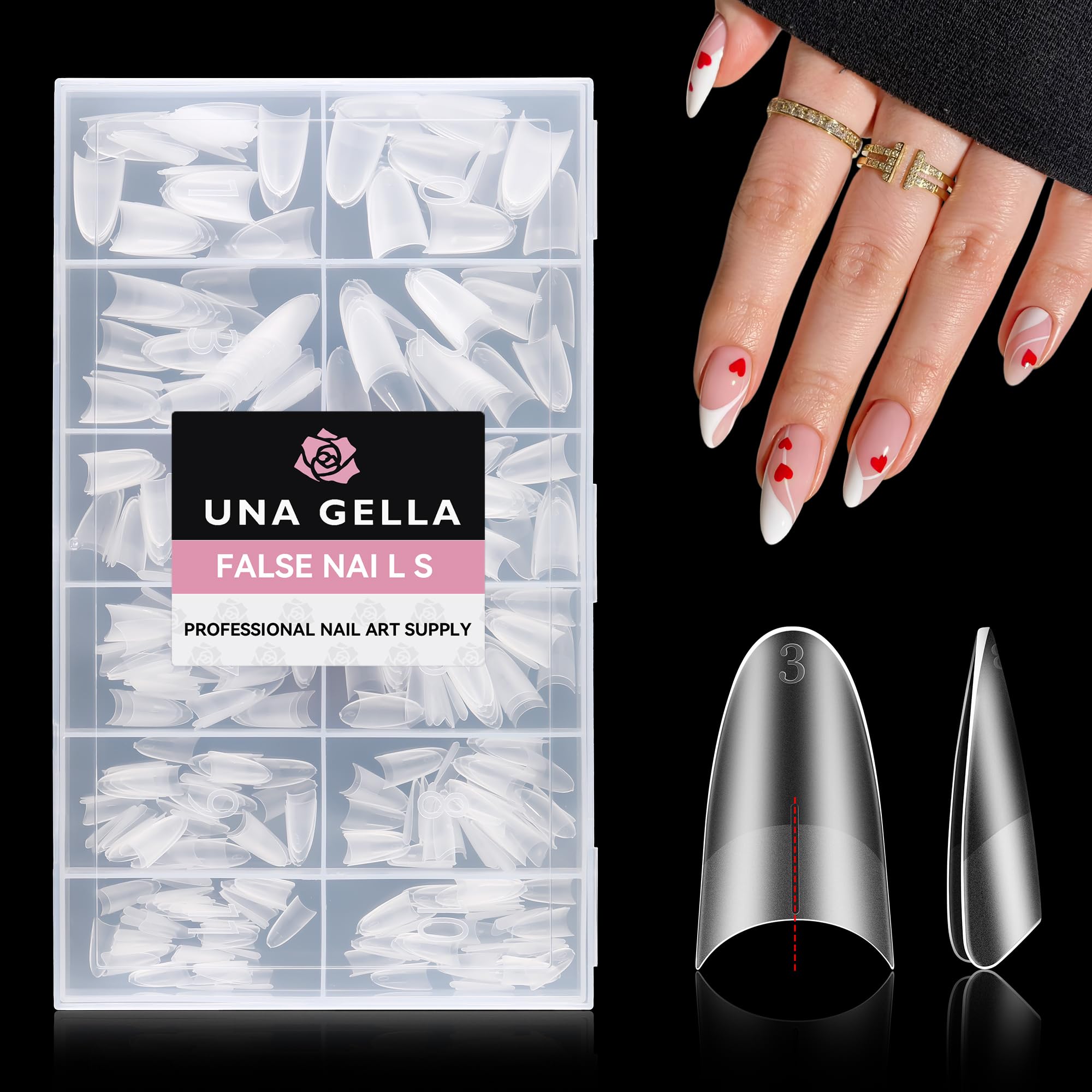 UNA GELLA front packaging showing almond medium tips and kit benefits