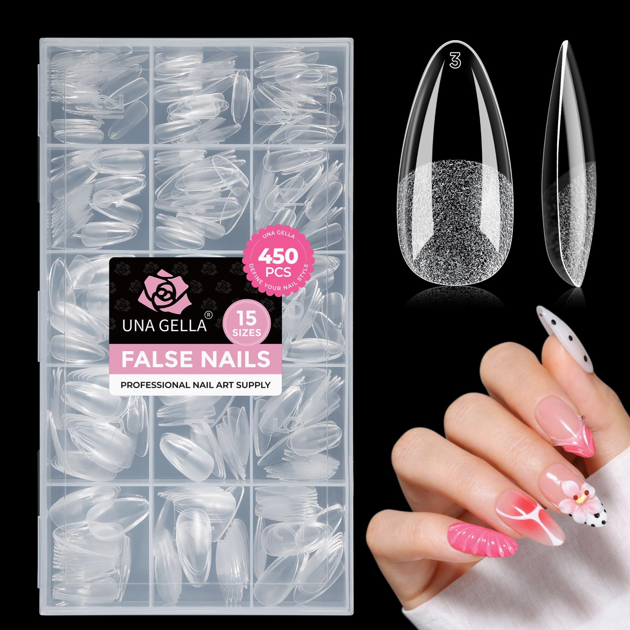 UNA GELLA front packaging showing almond medium gel tips and quantity benefit