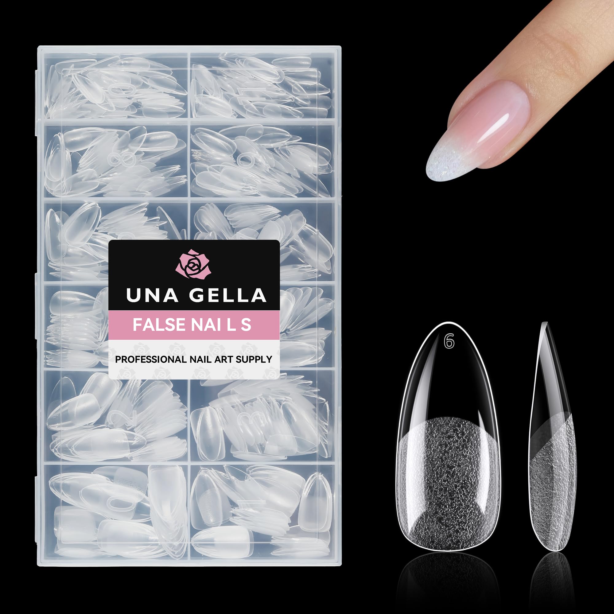 UNA GELLA front packaging showing 504-piece almond tips and convenience