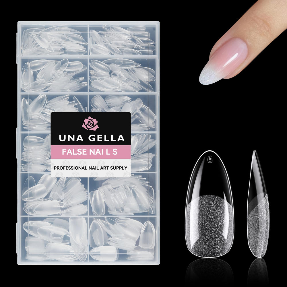 UNA GELLA front packaging showing 504-piece almond tips and convenience