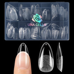 UNA GELLA front packaging showing full 120-piece almond tips for easy selection