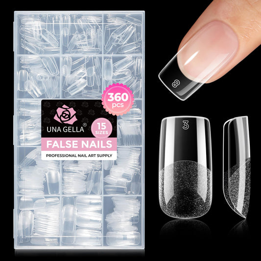 UNA GELLA front packaging of 360 clear gel nail tips showing full contents and convenience