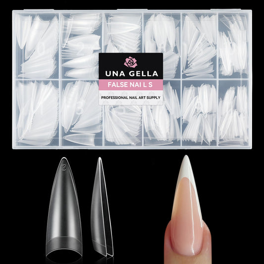 UNA GELLA front packaging showing 504 clear stiletto tips for easy selection