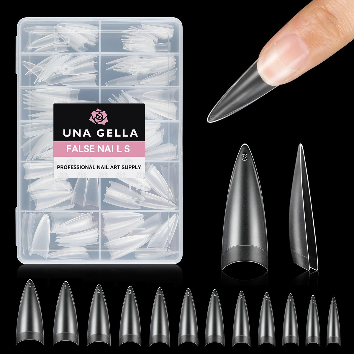 UNA GELLA front packaging showing 216 clear stiletto tips and brand.