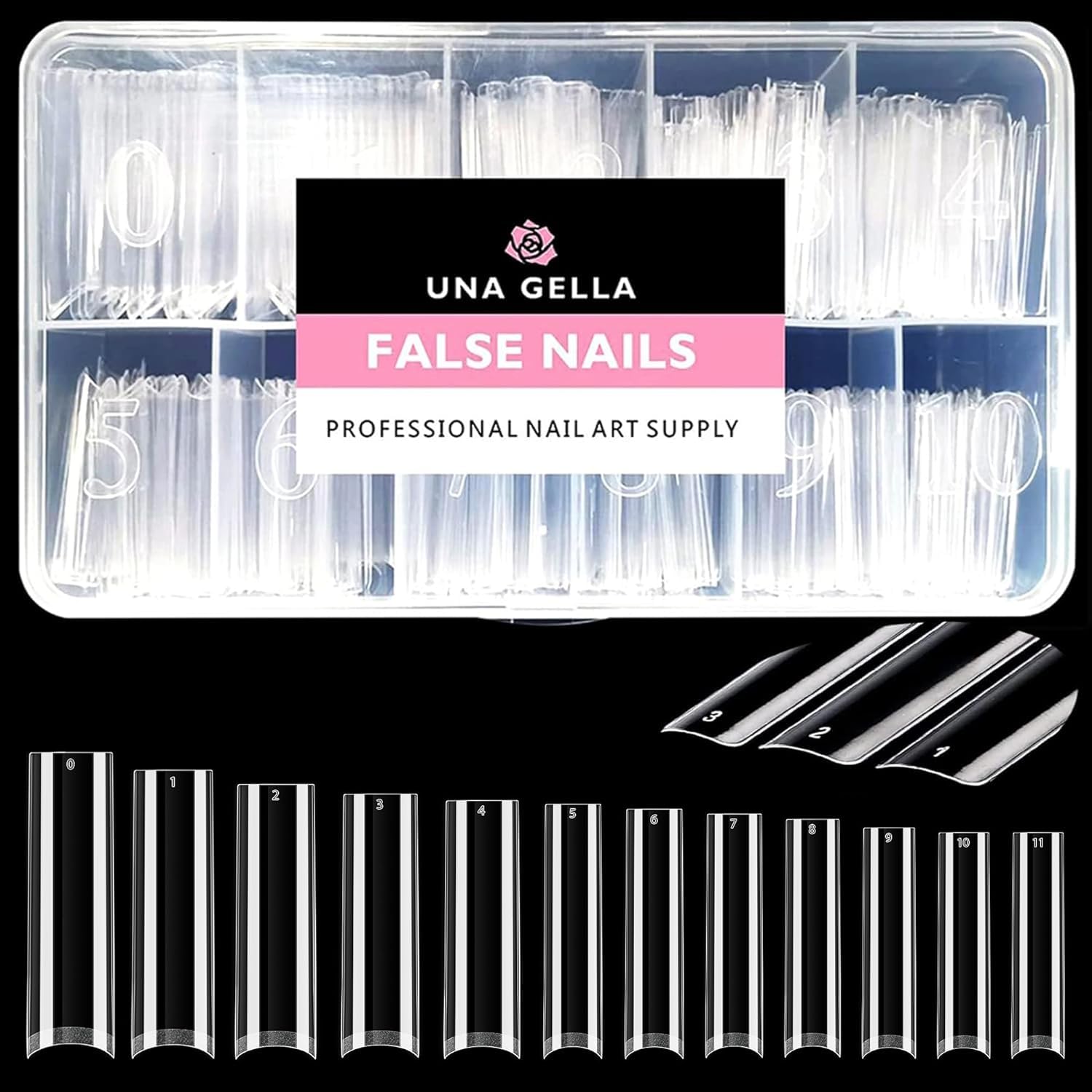 UNA GELLA front packaging showing 504 clear XXL tips and box for organized storage and convenience