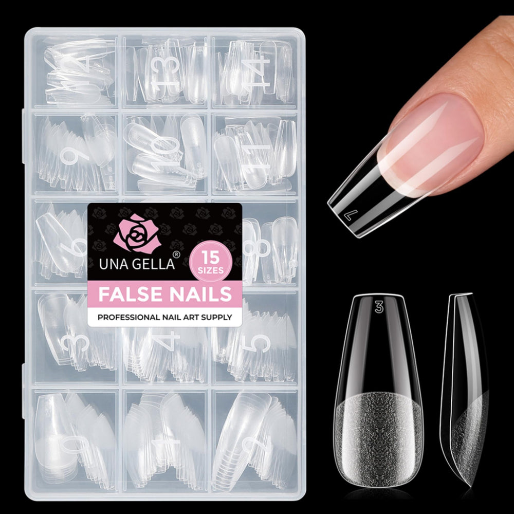 UNA GELLA front packaging showing 300 medium coffin gel tips and benefits