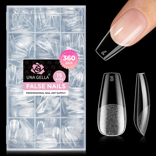 UNA GELLA front packaging showing 360 coffin nail tips and benefits