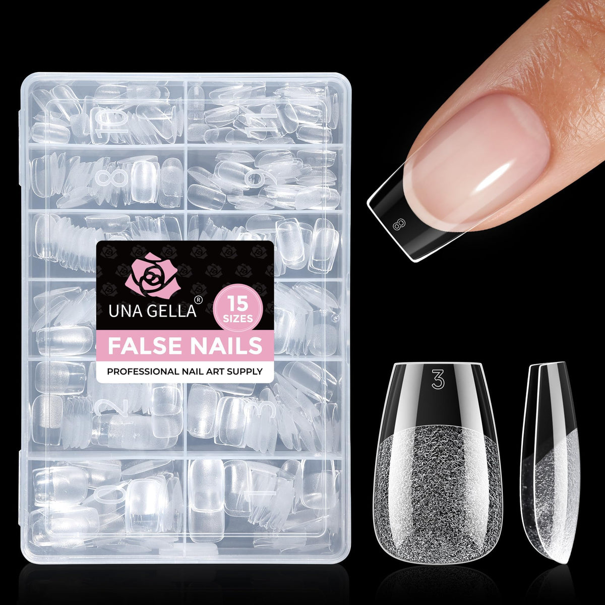 UNA GELLA front packaging showing 300pcs and 15 sizes for easy selection