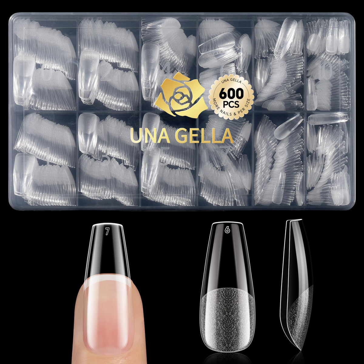 UNA GELLA front packaging showing 600 coffin tips and organized box for easy access