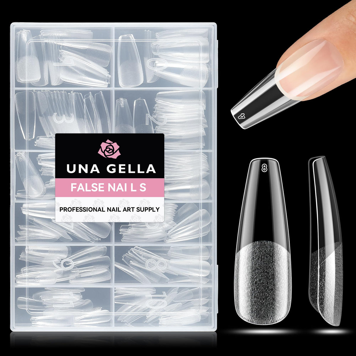 UNA GELLA front packaging showing full 216-piece clear tips and convenience