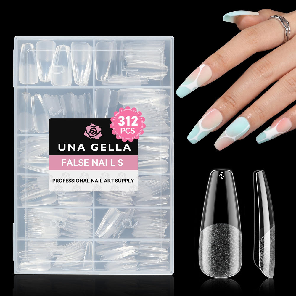 UNA GELLA front packaging showing 312pcs long coffin tips and clear full-cover benefit
