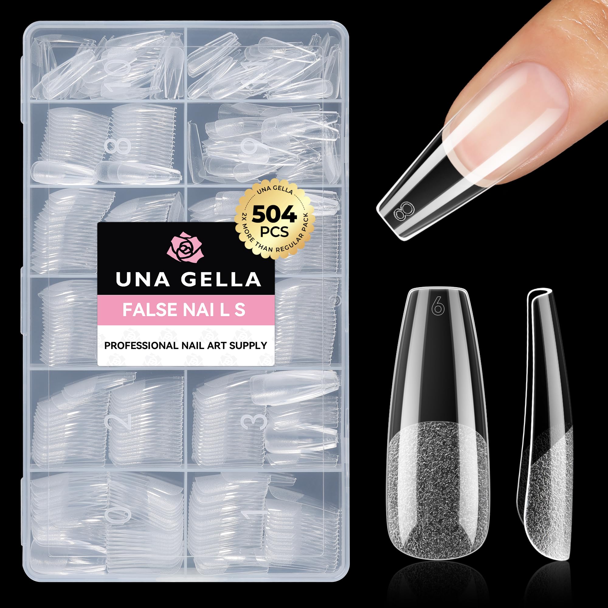 UNA GELLA front packaging showing 504-piece long coffin set and versatility