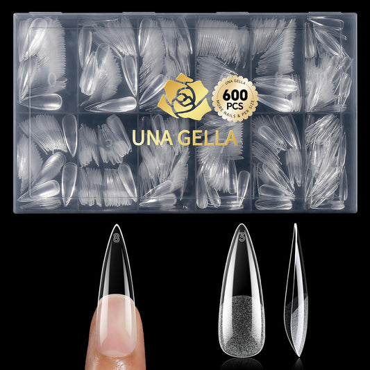 UNA GELLA front packaging showing 600-piece stiletto tips and value supply