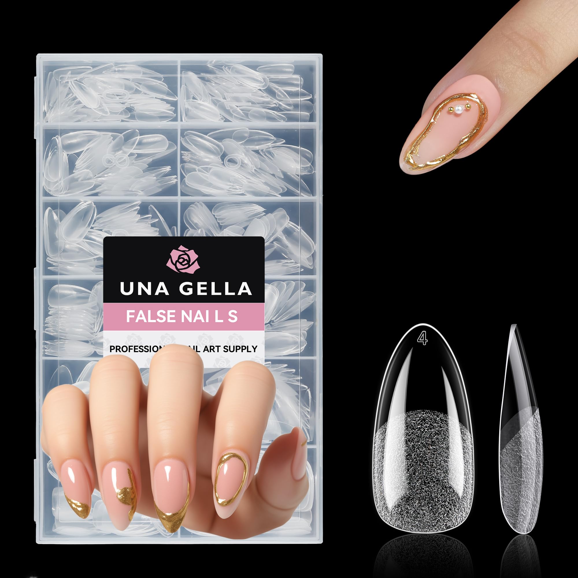 UNA GELLA front packaging showing 312 medium almond tips, clear and ready