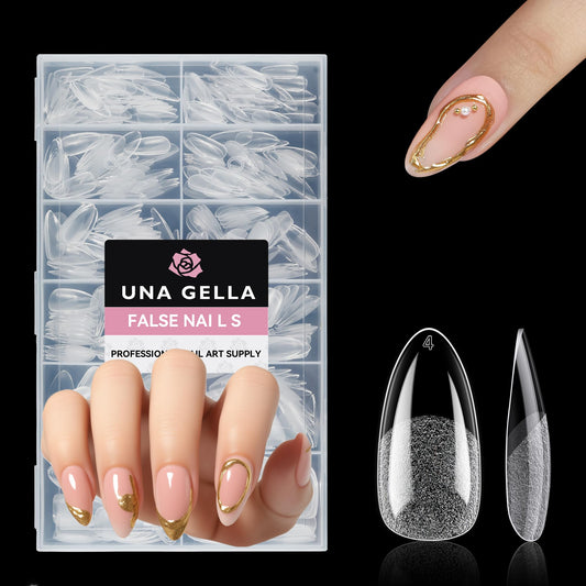 UNA GELLA front packaging showing 312 medium almond tips, clear and ready