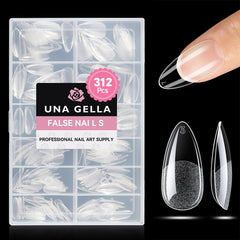 UNA GELLA front packaging showing 312 medium almond gel tips, ready supply benefit