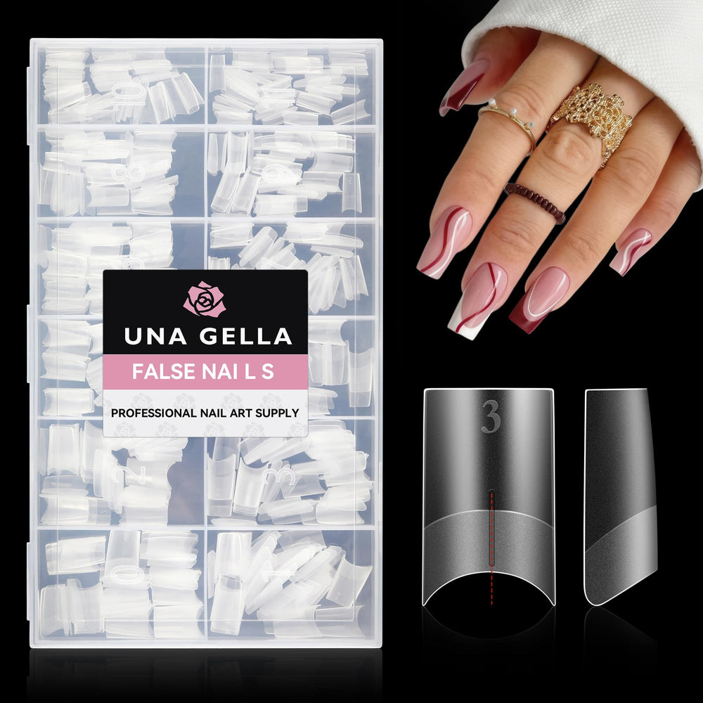 UNA GELLA front packaging showing 504pcs clear tips, clear organization and convenience
