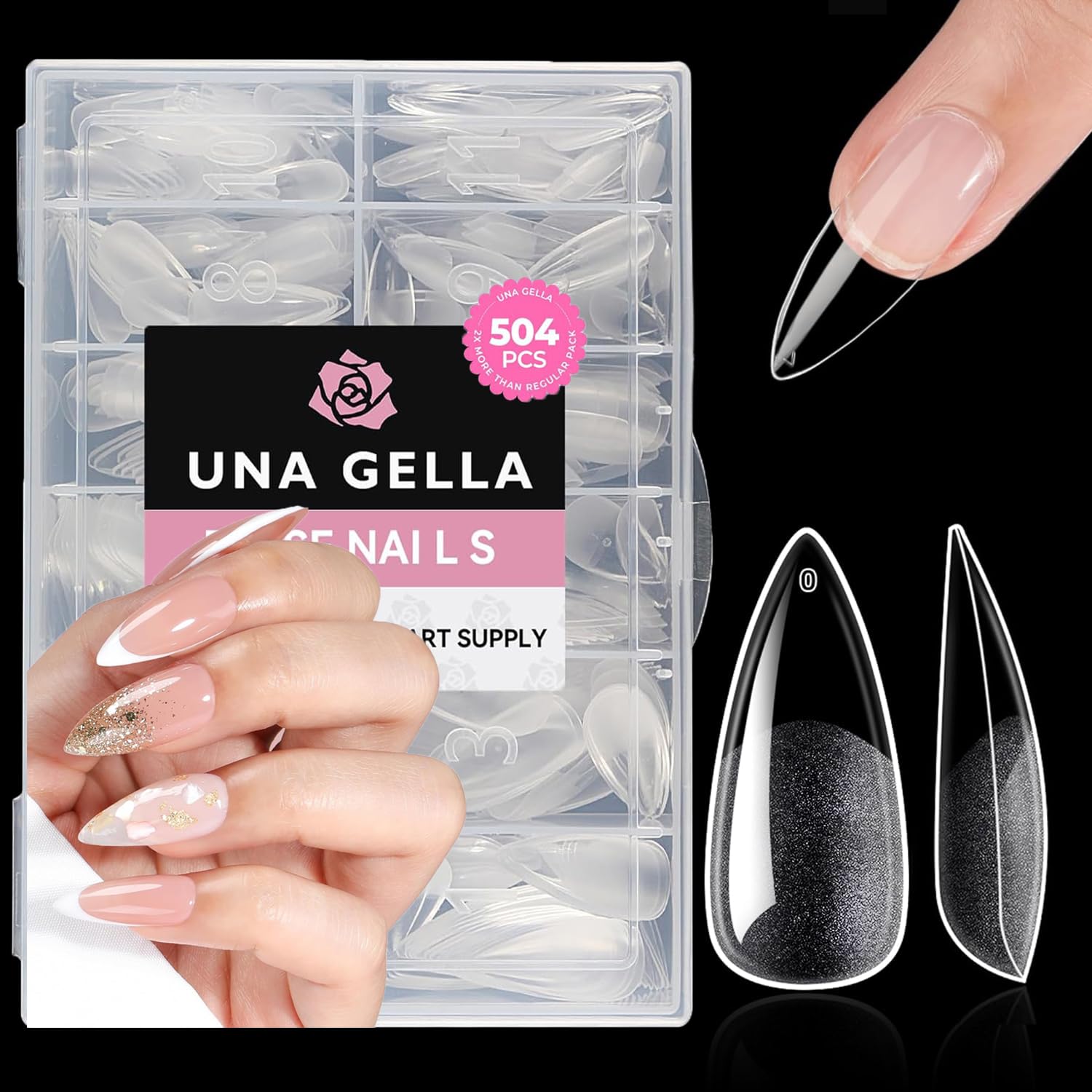 UNA GELLA front packaging showing 504-piece stiletto set and storage benefit