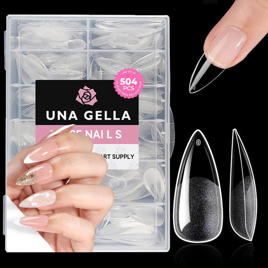 UNA GELLA front packaging showing 504-piece stiletto set and storage benefit