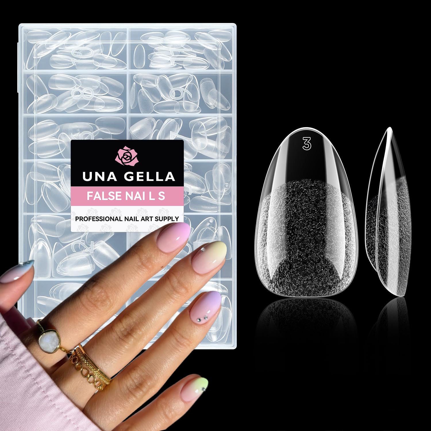 UNA GELLA front packaging showing 216 short almond press-on nails and kit benefits