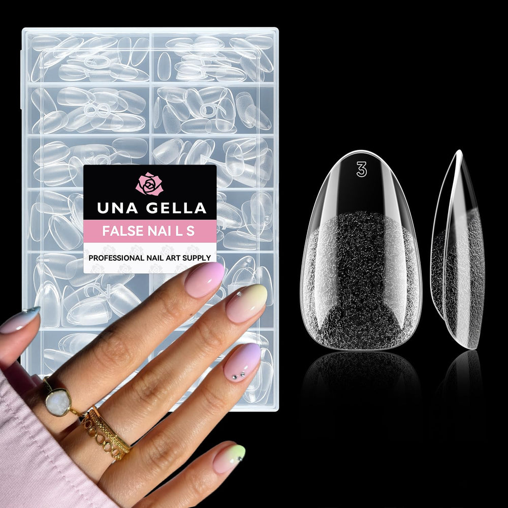 UNA GELLA front packaging showing 216 short almond press-on nails and kit benefits