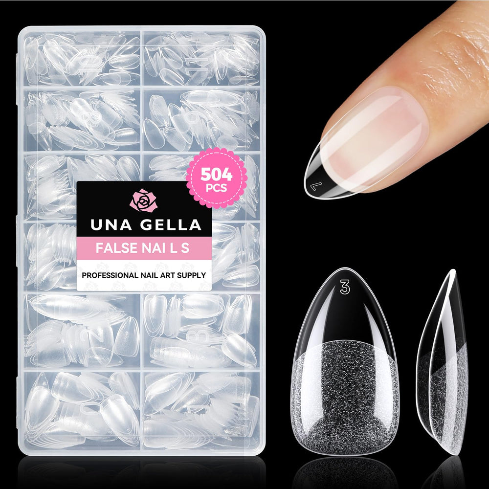 UNA GELLA front packaging showing 504 short almond tips and kit benefits
