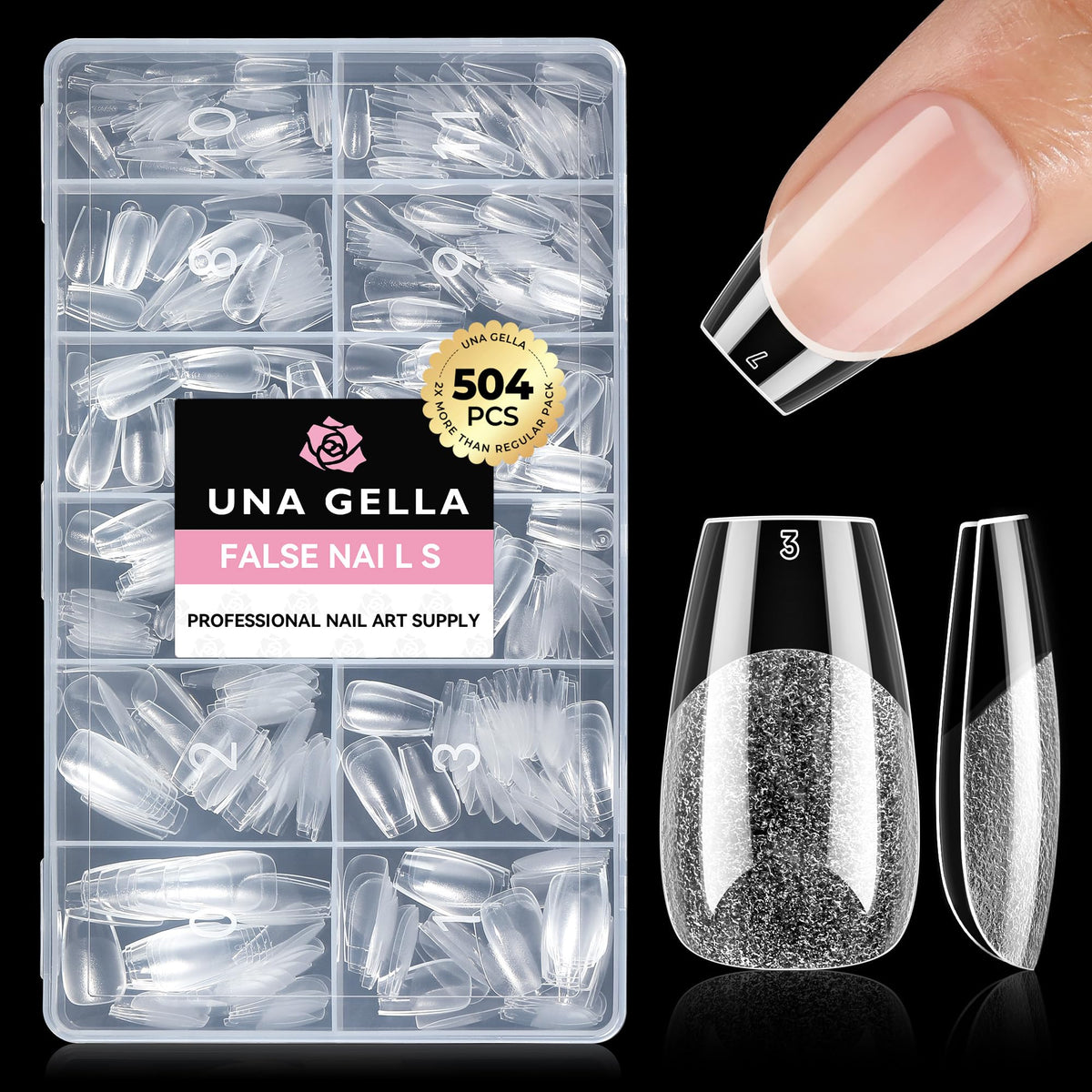 UNA GELLA front packaging showing full 504pc set and convenience